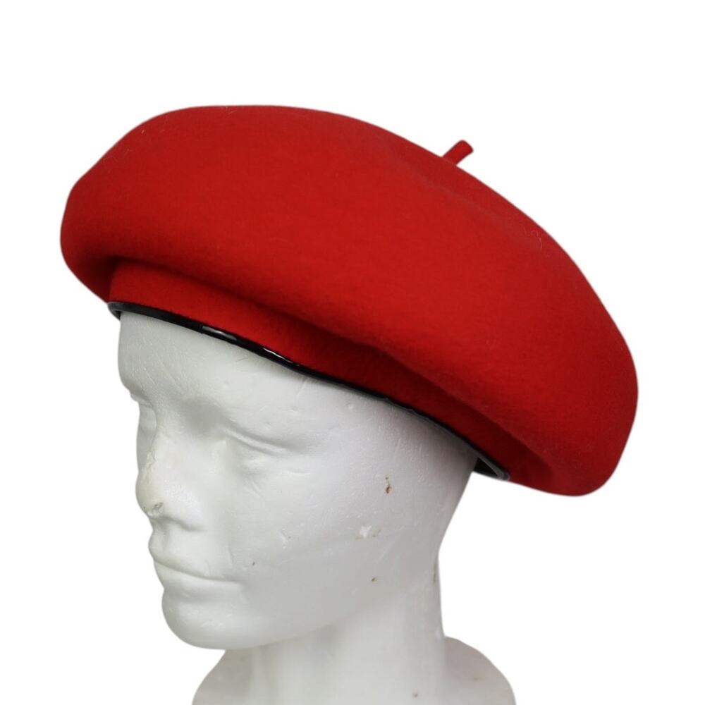 Vintage 80s Red Wool Felt Blocked Military Beret Hat Structured French
